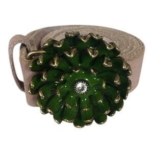Lucky Brand Vintage Leather Belt Women's Green Enamel Flower 3D Buckle Boho Y2K